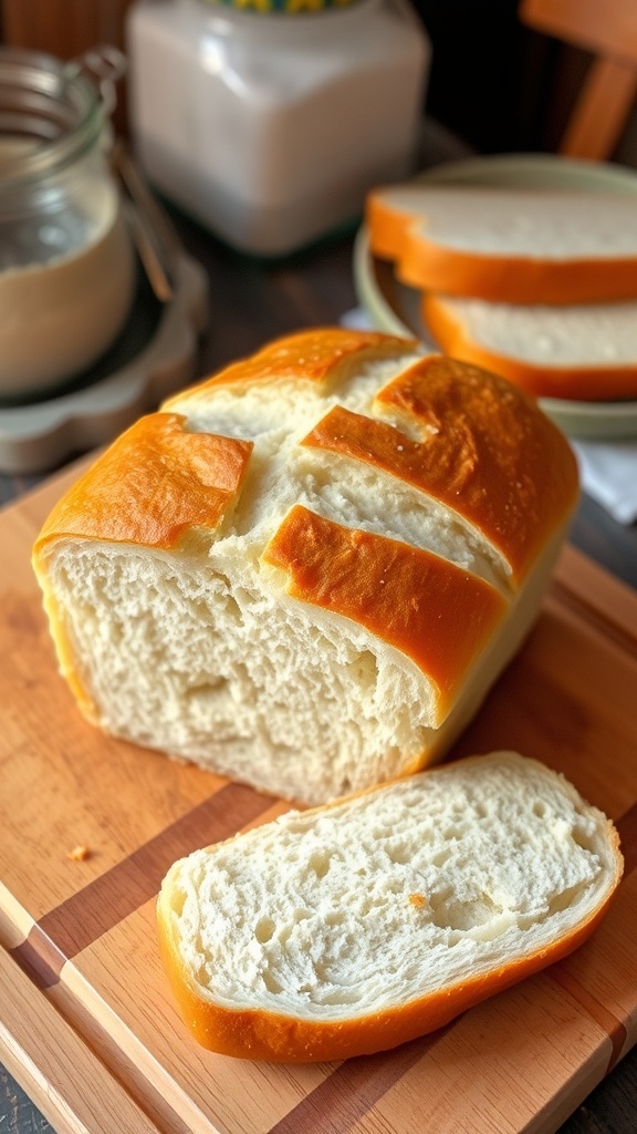 A golden brown loaf of white bread on a cutting board with slices cut, showcasing its fluffy texture.